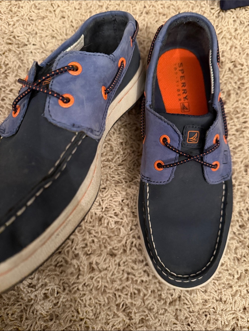 Sperry Navy and Light Blue Boat Shoes with Orange Details Big Kids Size 5